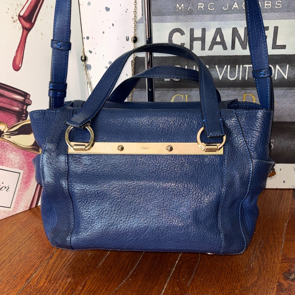 Chloé Alice Small/Medium Satchel Navy Blue Leather with Gold Bar Detail